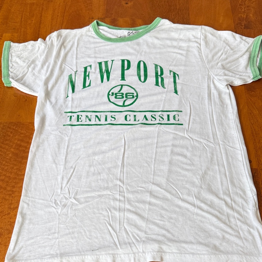 Anthropologie White Tee with Green Newport '86 Tennis Classic Print